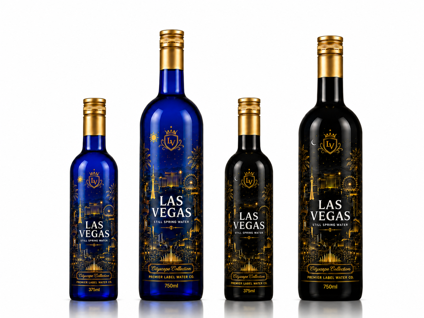 Las Vegas CityScape premium glass bottled water, 375ml and 750ml