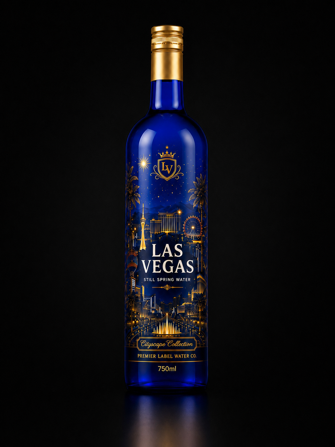 Las Vegas CityScape 750ml Cobalt Blue glass bottled water