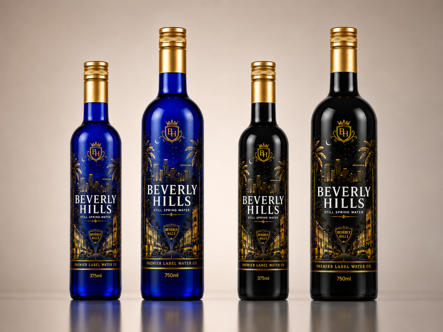Beverly Hills CityScape still spring water — 375 ml and 750 ml in cobalt blue and black glass