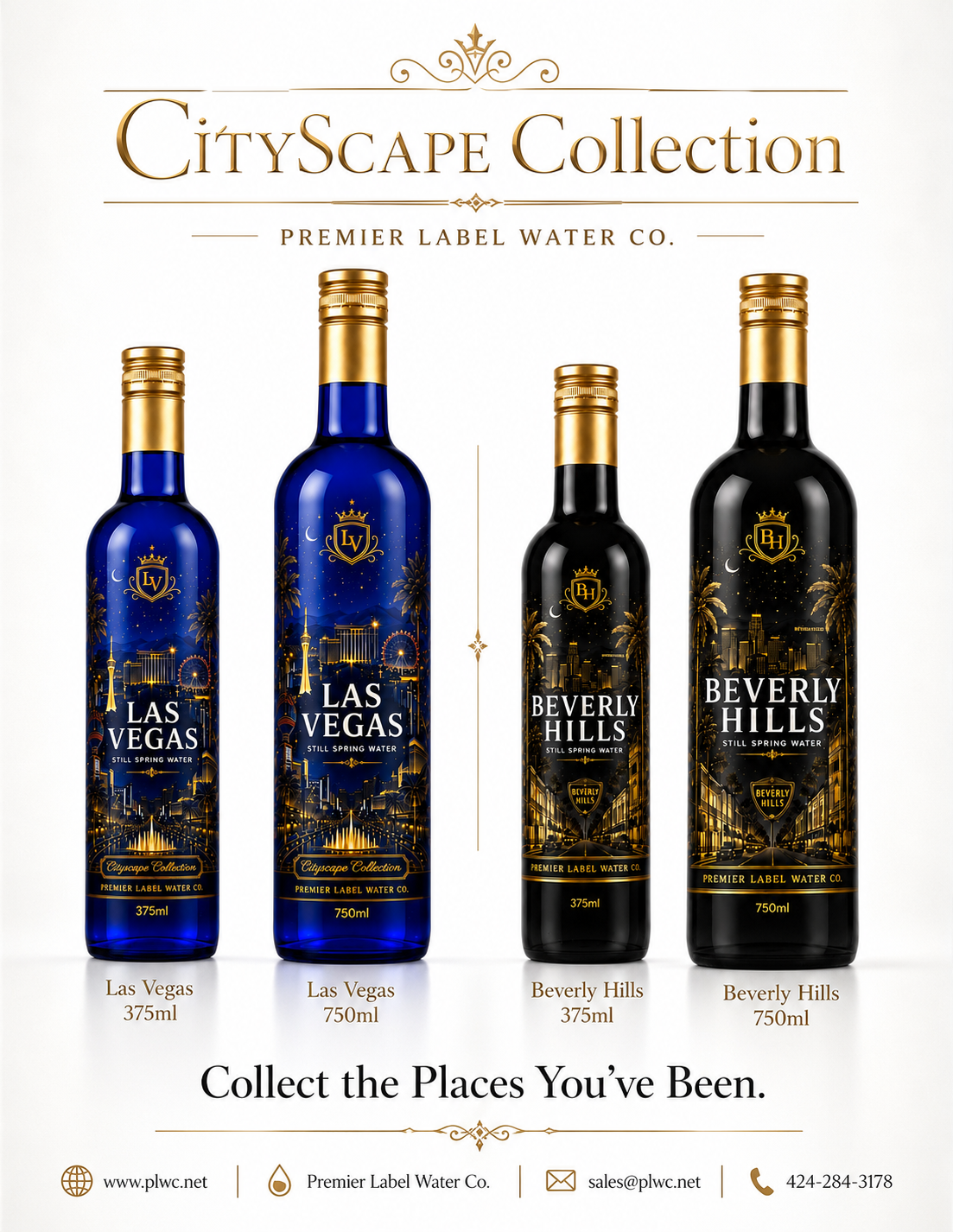 The CityScape Collection by Premier Label Water Co. — Las Vegas and Beverly Hills still spring water in 375 ml and 750 ml cobalt blue and black glass bottles