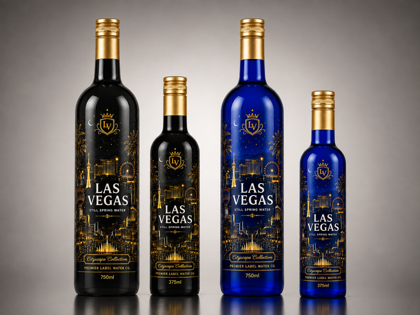 Las Vegas CityScape premium glass bottled water lineup in 375 ml and 750 ml, cobalt blue and matte black