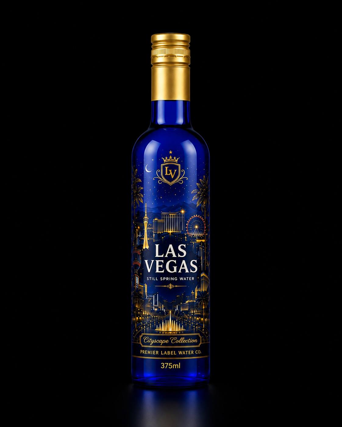 Las Vegas CityScape 375 ml cobalt blue glass bottle