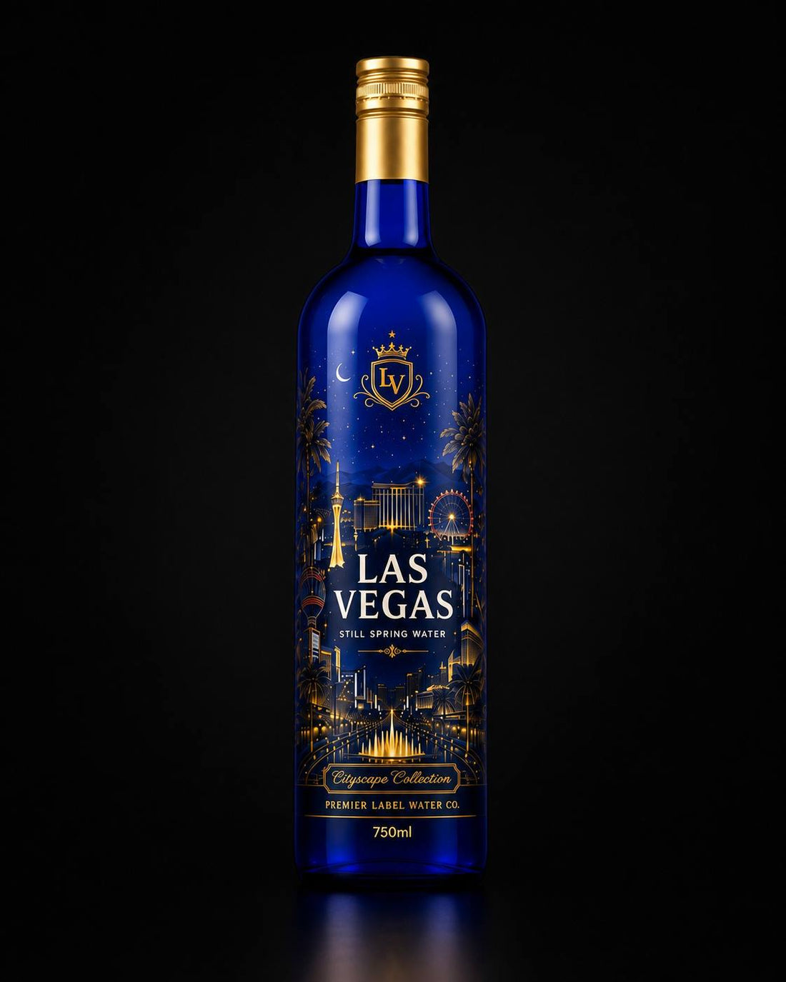 Las Vegas CityScape 750 ml Cobalt Blue glass bottled water