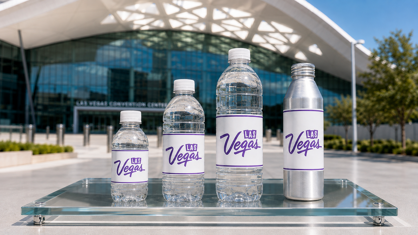 Las Vegas branded bottled water in four sizes outside the Las Vegas Convention Center